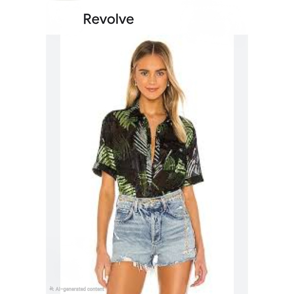 Camila Coelho Button Down Tropical Palm Burnout Sheer Top Women Medium